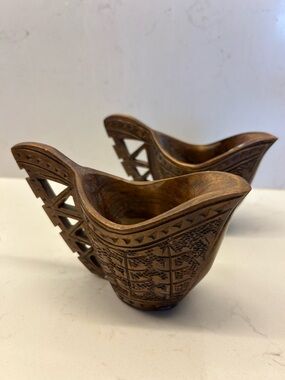Vintage Set 2 Yugoslavia Carved Wood Wedding Cups, Folk Art
